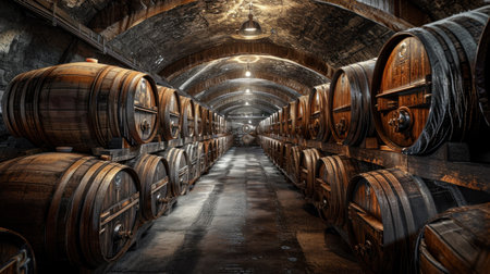Wine cellar. Wine or whiskey barrels. French wooden barrels.の素材