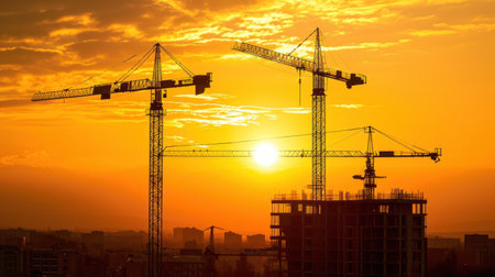 Construction of new residential high-rise buildings. Against the background of a yellow sunset sky.の素材