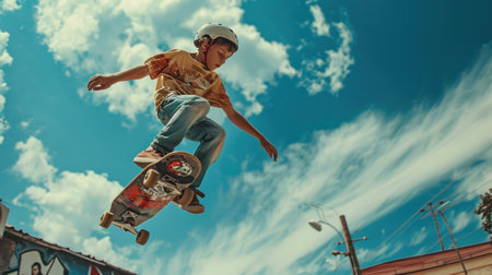 Skateboarder doing a skateboard trick at skate park.の素材