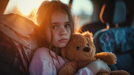 Cute girl holding teddy bear while sleeping in car.の素材