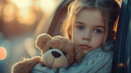 Cute girl holding teddy bear while sleeping in car.の素材
