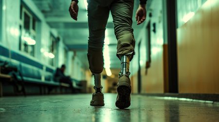 Back view of man with a prosthetic leg walking through hallway.の素材
