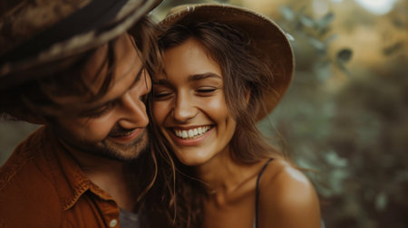 Close-up portrait of a caucasian young loving couple embracing while standing on a roadside. Couple embracing road travel. Sunset scene.の素材