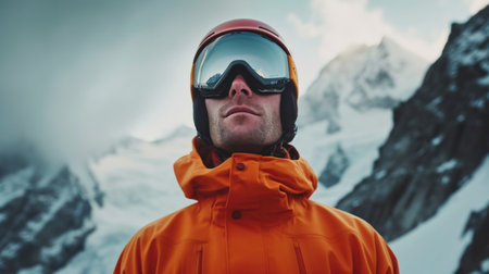 Close up of the ski goggles of a man with the reflection of snowed mountains. A mountain range reflected in the ski mask. Portrait of man at the ski resort on the background of mountains and skyの素材