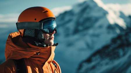 Close up of the ski goggles of a man with the reflection of snowed mountains. A mountain range reflected in the ski mask. Portrait of man at the ski resort on the background of mountains and skyの素材