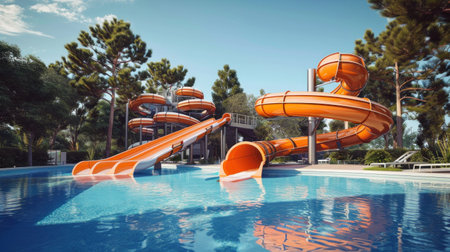 Water slides and swimming pool in aqua park. Amusement park on tourist resort.の素材