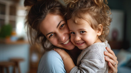 Affectionate loving middle aged mother cuddling child. Excited to see daughter, happy senior older mom cuddling her, sitting together on comfortable sofa in living room.の素材