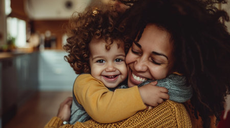 Affectionate loving middle aged mother cuddling child. Excited to see daughter, happy senior older mom cuddling her, sitting together on comfortable sofa in living room.の素材