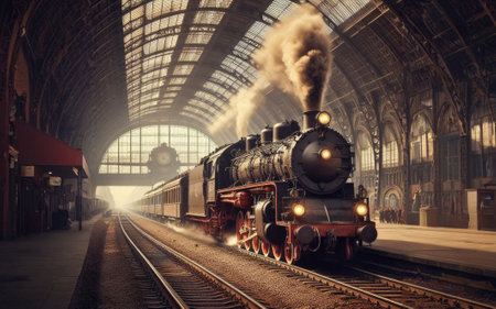 Steam locomotive stands on the platform of the station.の素材