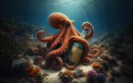An octopus at the bottom of the ocean, near the reef holding a bottle in its tentacles.の素材