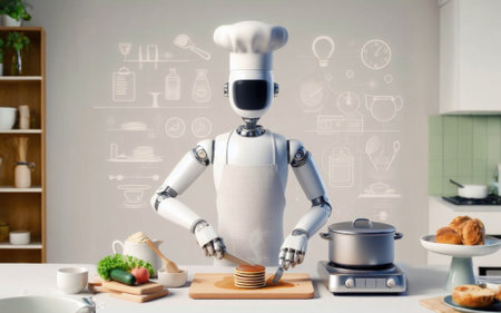 Chef robot Cooking In the kitchen of the future home genius. Intelligent robots work in modern homes, future lifestyle ideas.の素材