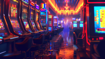 Rows of Casino Slot Machines with Shallow Depth of Field. Las Vegas Gambling Theme.の素材