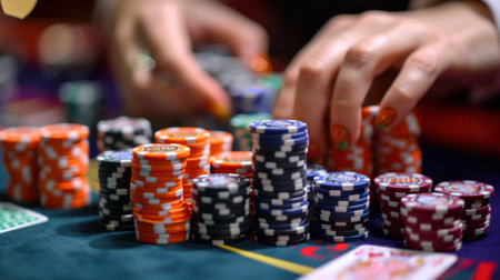 casino, gambling, poker, people and entertainment concept - close up of poker player with chips.の素材
