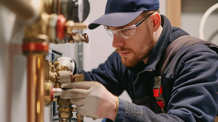 Professional Caucasian Plumber Repairing Tank Water Heater in Boiler Room of Commercial Building. Heating Equipment Maintenance Theme.の素材