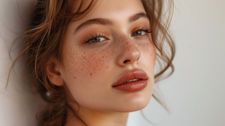 Youth and skin care concept. Highly-detailed close up portrait of pretty teenage girl with perfect clean freckled skin and green eyes looking at the camera with calm face expression, with lips partedの素材