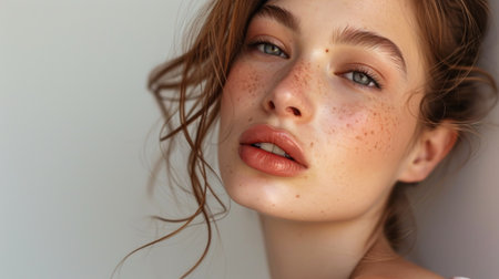 Youth and skin care concept. Highly-detailed close up portrait of pretty teenage girl with perfect clean freckled skin and green eyes looking at the camera with calm face expression, with lips partedの素材