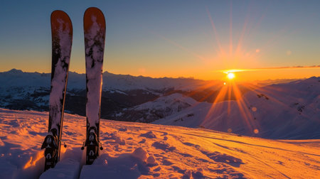 Ski in winter season, mountains and ski touring backcountry equipments on the top of snowy mountains in sunny day.の素材