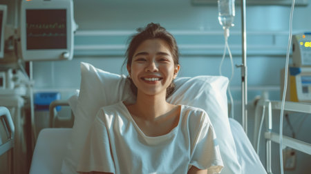 Happy young woman smiling and feeling recovered after getting an emergency surgery at the hospital.の素材