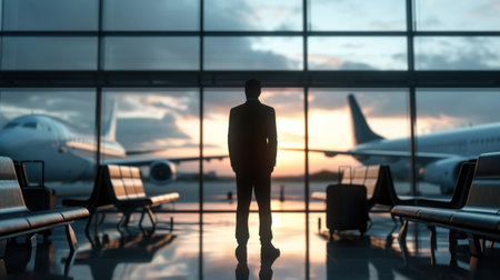 Silhouette of man viewing airplane out airport window.の素材