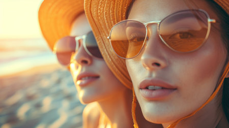 Two pretty best friends girls making selfie on beach, light and bright summer colors, hats and sunglasses, positive friendship vibes.の素材