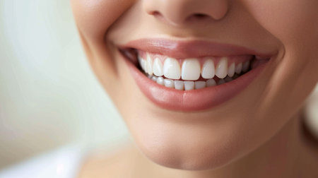 Beautiful female smile after teeth whitening procedure. Dental care. Dentistry concept.の素材