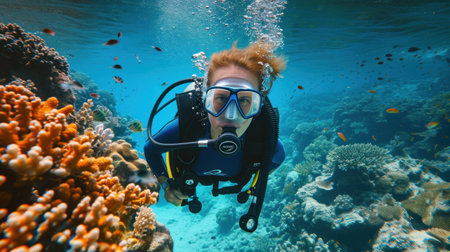 A girl in a swimming suit and with fins is engaged in free diving without scuba gear at a deep water near the big reef.の素材