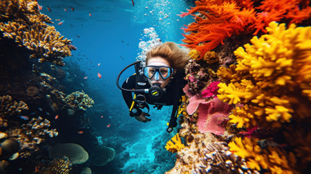 A girl in a swimming suit and with fins is engaged in free diving without scuba gear at a deep water near the big reef.の素材