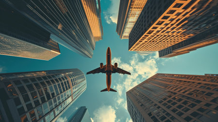 Airplane flying on business skyscrapers of financial center. Travel, economy, cargo, transportation concept.の素材