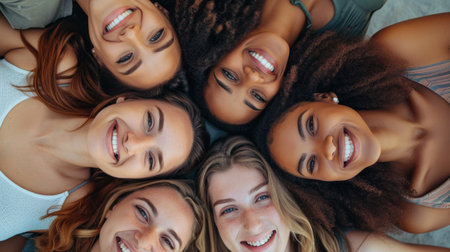 Top view six diverse women in lying and smile look at camera feels happy, bachelorette party concept.の素材
