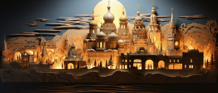 A paper city with internal illumination. Handmade diarama. Evening, illuminated streets.の素材