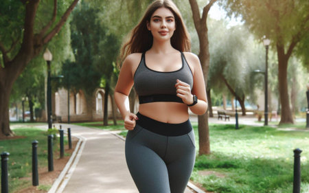 Woman running road summer park Active sporty caucasian female morning workout Healthy lifestyle concept. Athletic person sportswear exercises.の素材