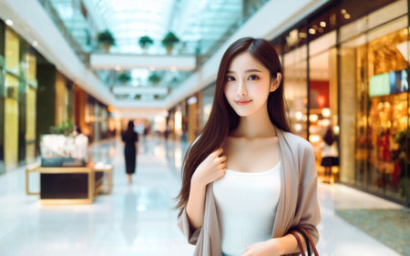Woman shopper hand hold shopping bag. walking buying cloths in department store shopping mall with happiness exited toothy smiling joyful.の素材