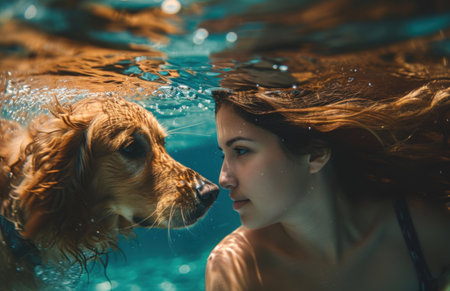Underwater action. Young woman play with fun, training dog in swimming pool - jump and dive. Active water games with family pet.の素材