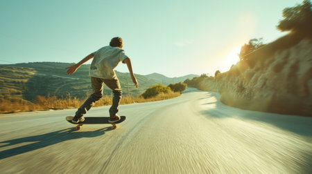 Young man longboarding outdoors on countryside road. Male skateboarding on a sunny day.の素材