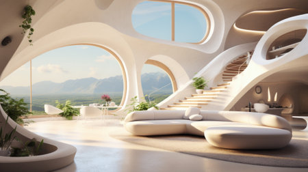 Interior of a modern villa with a view of the mountainsの素材