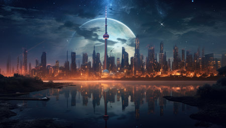Futuristic city at night with full moon, 3d renderingの素材