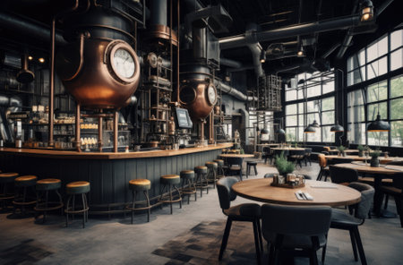 Interior of a pub with tables and chairs. Toned imageの素材