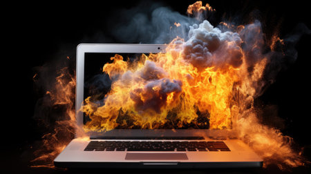 Laptop with fire and smoke on black background. 3d renderingの素材