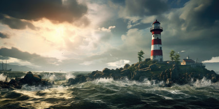 Lighthouse in the sea. Dramatic sunset sky. 3d renderingの素材