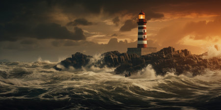 Lighthouse in the sea at sunset. 3d render illustration.の素材