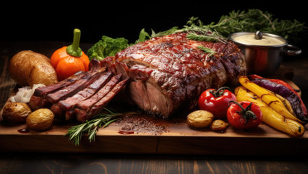 roast meat with vegetables on a wooden board on a black backgroundの素材