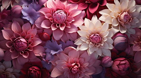 Beautiful dahlia flowers as background, top view. Floral patternの素材