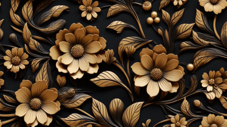 3d rendering, 3d illustration, floral pattern, golden flowers, black backgroundの素材
