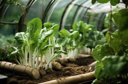 Agricultural greenhouse with rows of leafy green vegetables growing inside.の素材