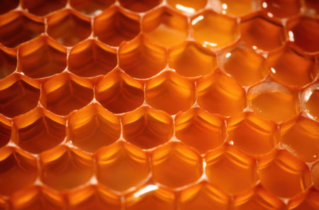 Fragment of honeycomb with full cells in bright sunlightの素材