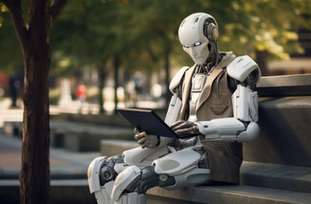 Robot sitting on a bench with a tablet in his hands.の素材