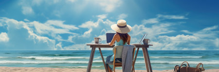 Woman working on the beach with a laptop and a cup of coffeeの素材