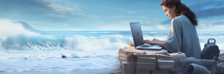 Woman using laptop while sitting on the beach. Panoramic bannerの素材