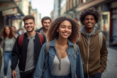 Happy young interracial students chatting with each other after class standing outside. Guy and girls wear casual clothes to study. Lifestyle concept, sincere emotions.の素材