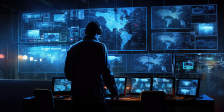 Silhouette of hacker stealing data from a dark room with computersの素材